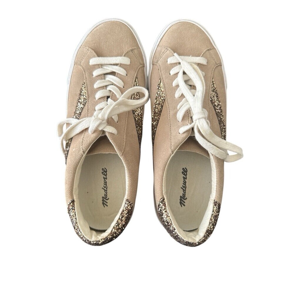 Madewell Sidewalk Low Top Beige Suede and Glitter Sneakers Size 10 Very Clean